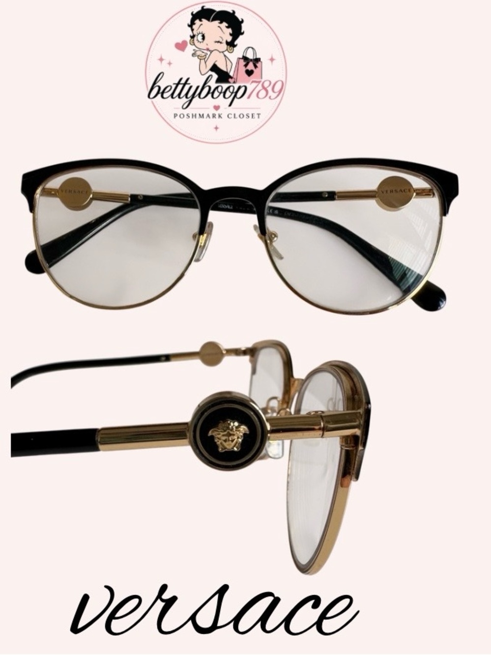 Versace Black and Gold Cat-Eye Optical Glasses with Medusa Accent